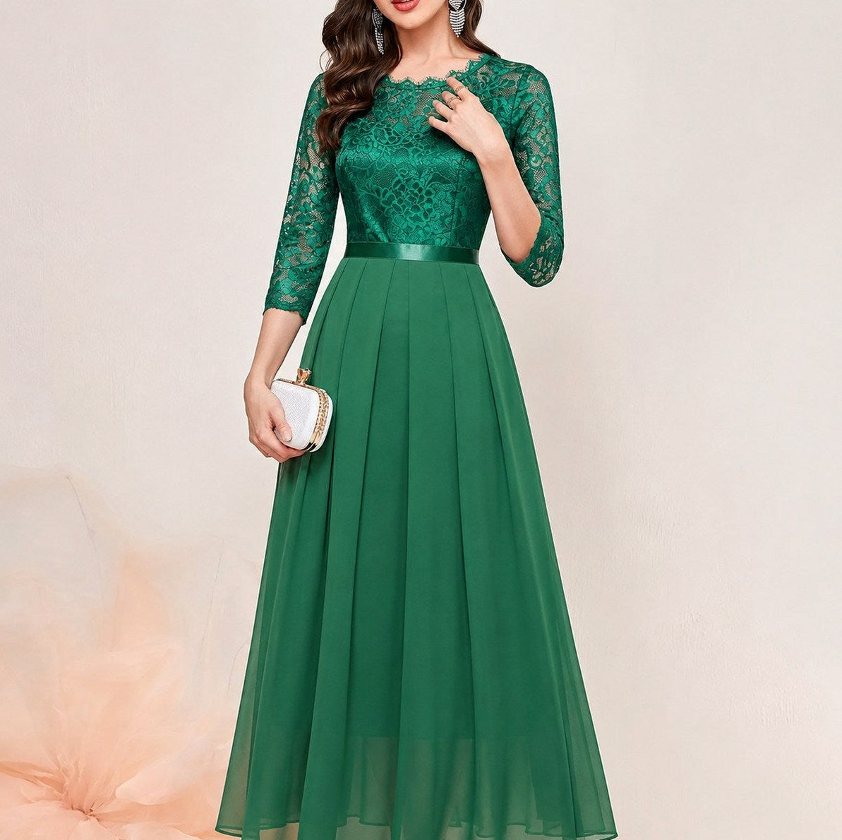 Lace Pleated Formal Maxi Dress