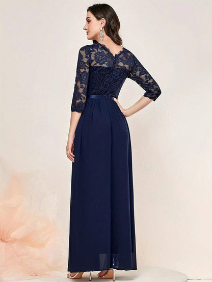 Lace Pleated Formal Maxi Dress