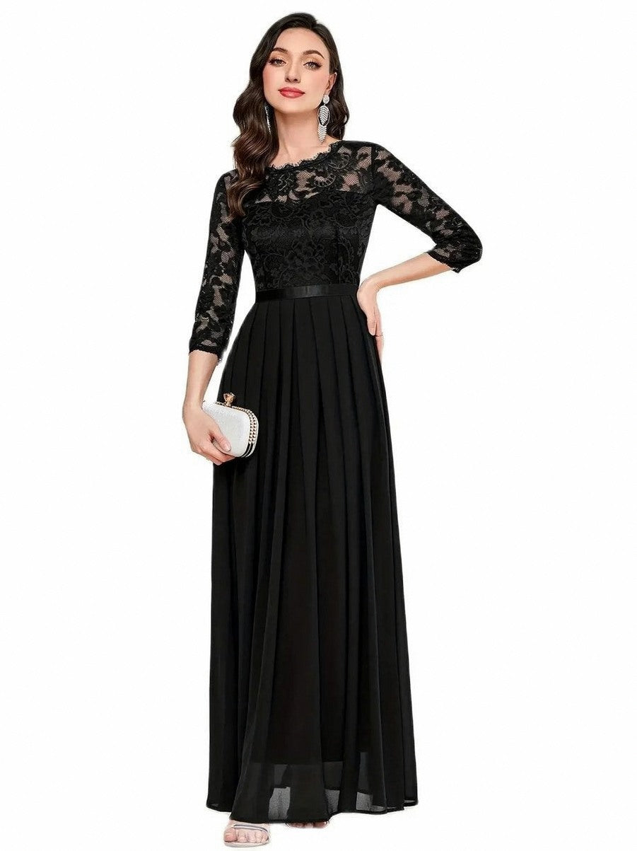 Lace Pleated Formal Maxi Dress