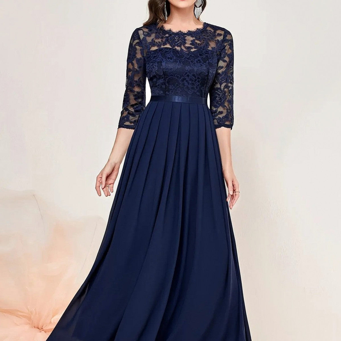 Lace Pleated Formal Maxi Dress