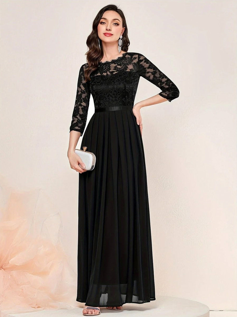 Lace Pleated Formal Maxi Dress