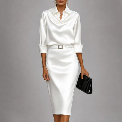 Satin Collared Cowl Belted Midi Dress