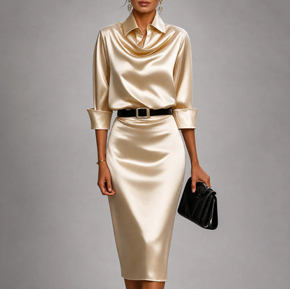 Satin Collared Cowl Belted Midi Dress