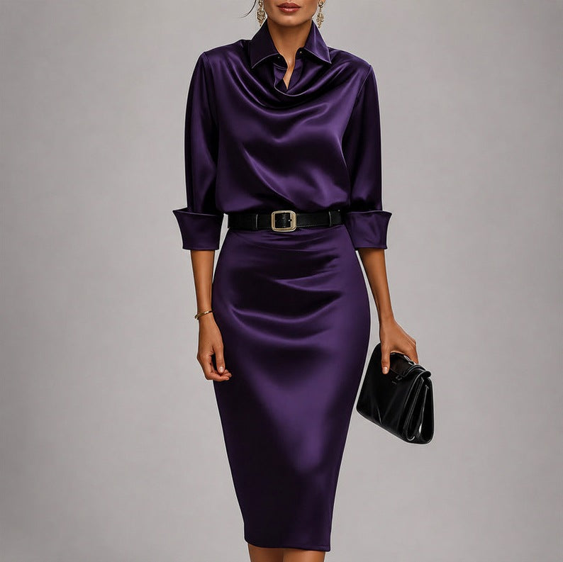 Satin Collared Cowl Belted Midi Dress