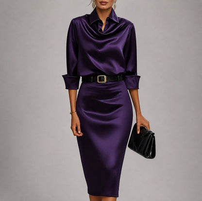 Satin Collared Cowl Belted Midi Dress