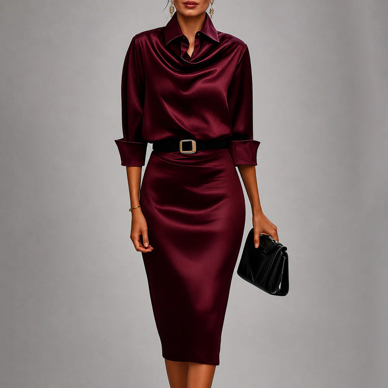 Satin Collared Cowl Belted Midi Dress