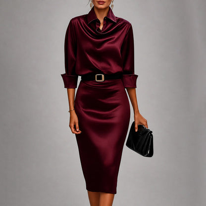 Satin Collared Cowl Belted Midi Dress
