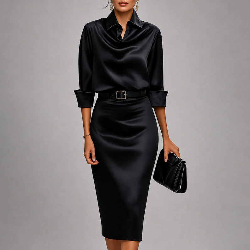 Satin Collared Cowl Belted Midi Dress