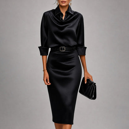 Satin Collared Cowl Belted Midi Dress