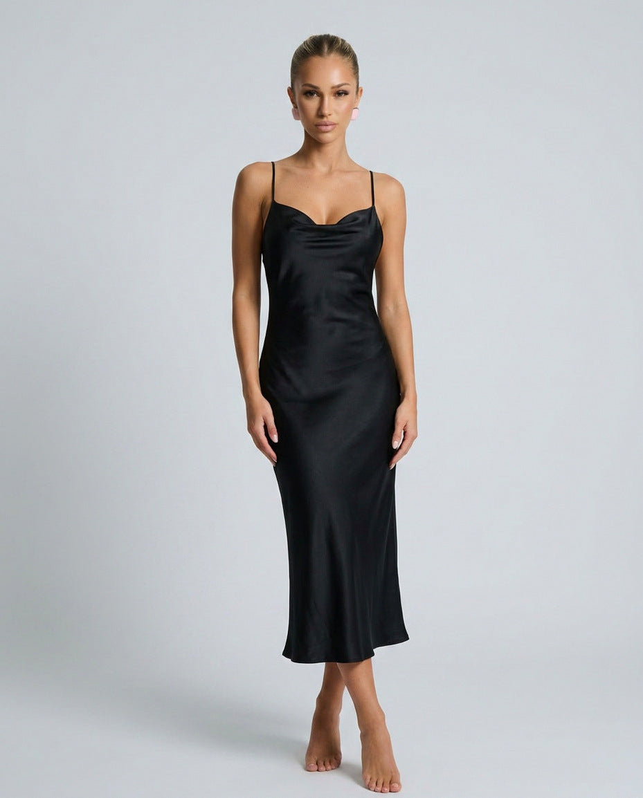 Satin Cowl Neck Slip Midi Dress