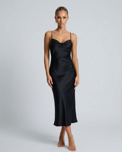 Satin Cowl Neck Slip Midi Dress