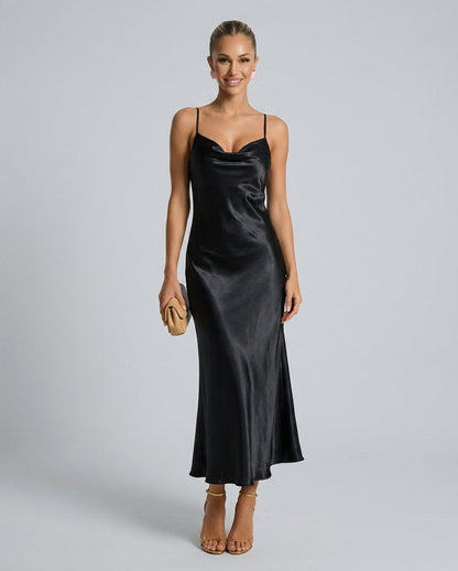 Satin Cowl Neck Slip Midi Dress