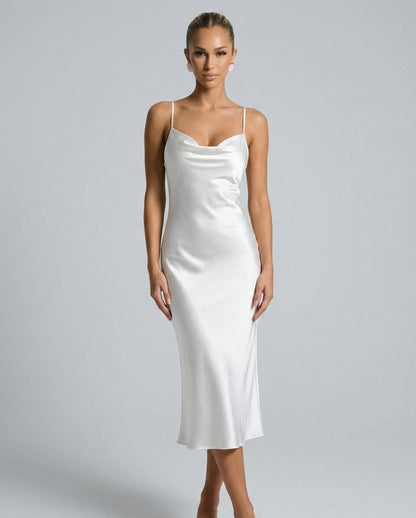 Satin Cowl Neck Slip Midi Dress