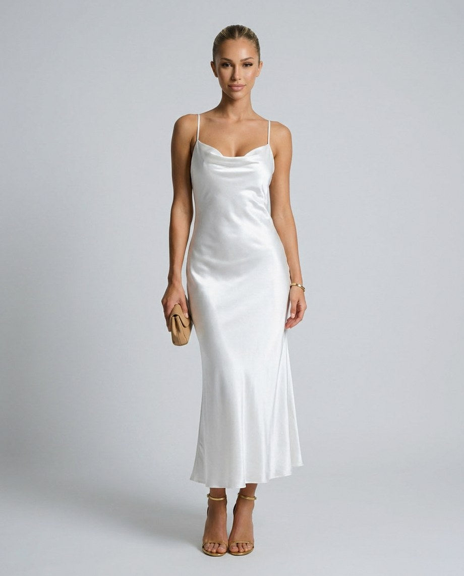 Satin Cowl Neck Slip Midi Dress