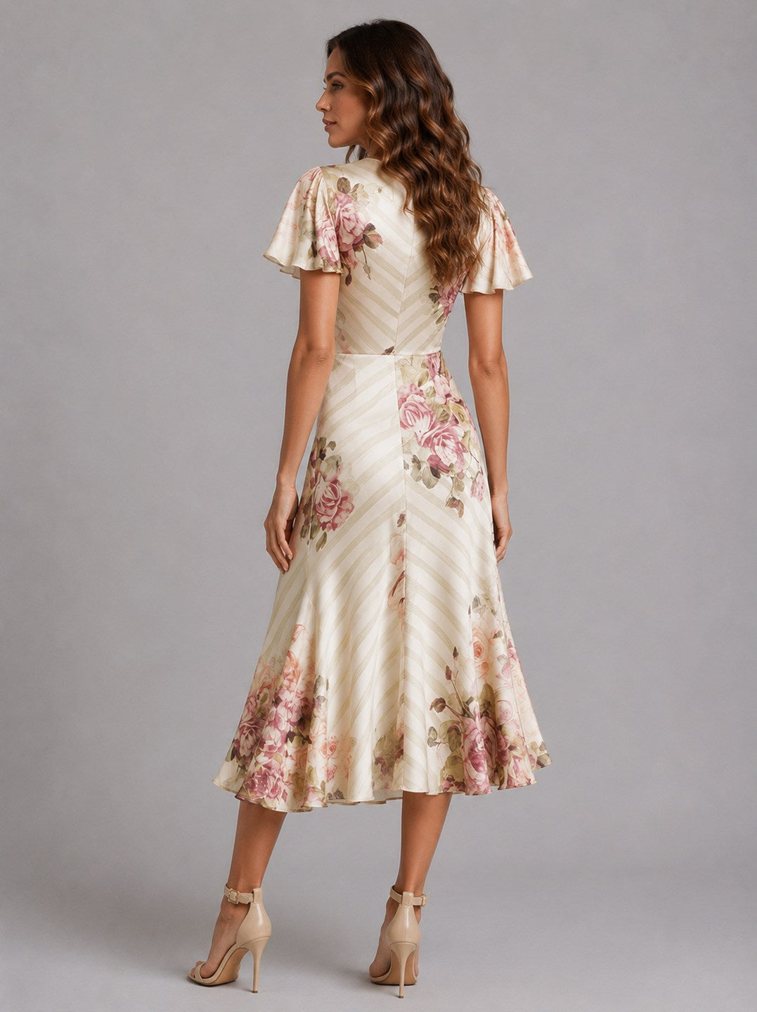 Satin Floral Flutter Sleeve Midi Dress