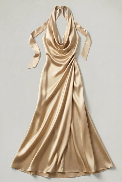 Satin Halter Cowl Maxi Dress