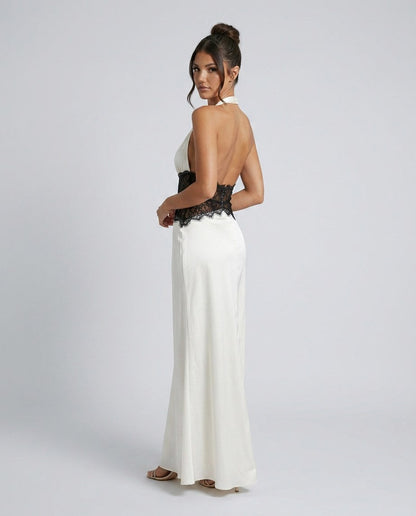 Satin Halter Lace Formal Maxi Dress