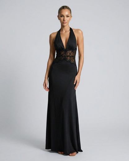 Satin Halter Lace Formal Maxi Dress