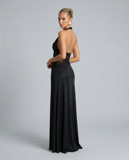 Satin Halter Lace Formal Maxi Dress
