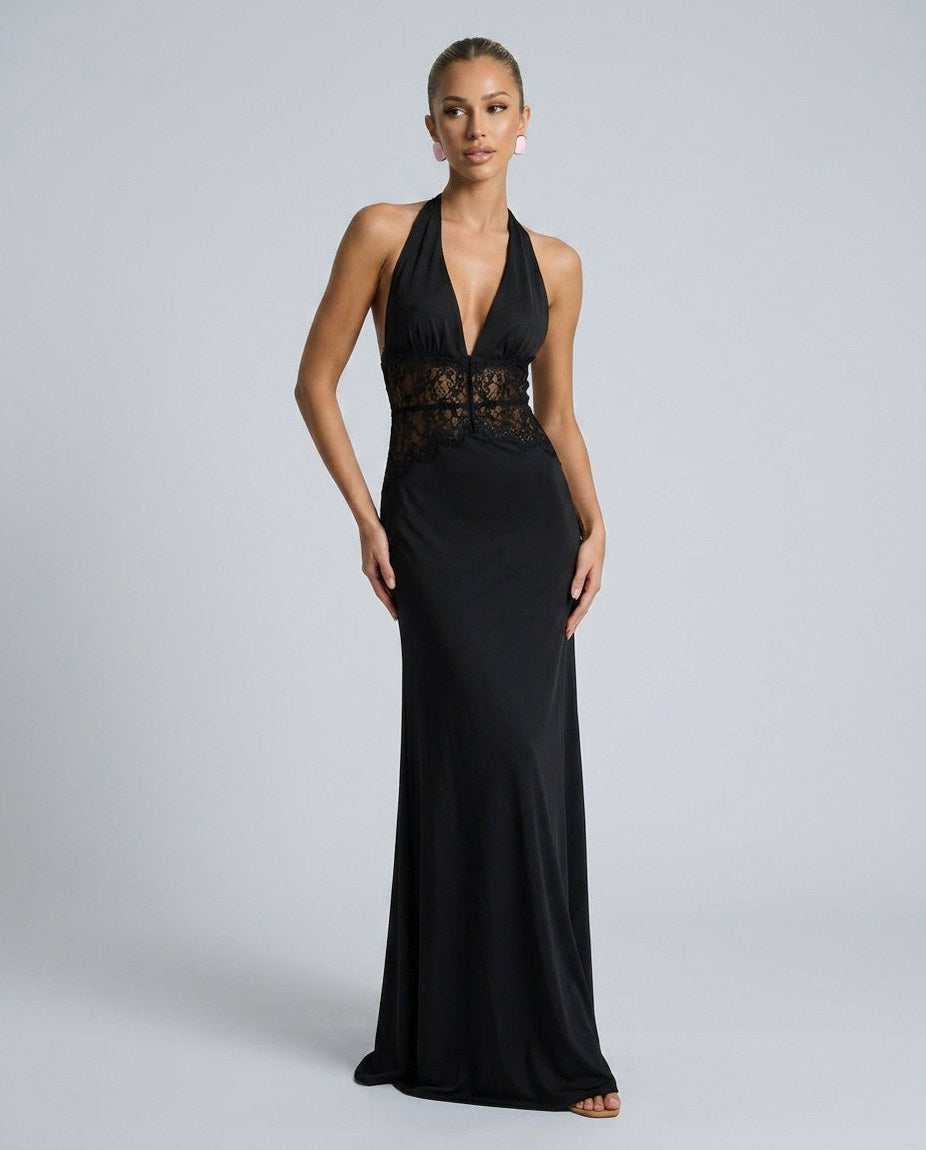 Satin Halter Lace Formal Maxi Dress
