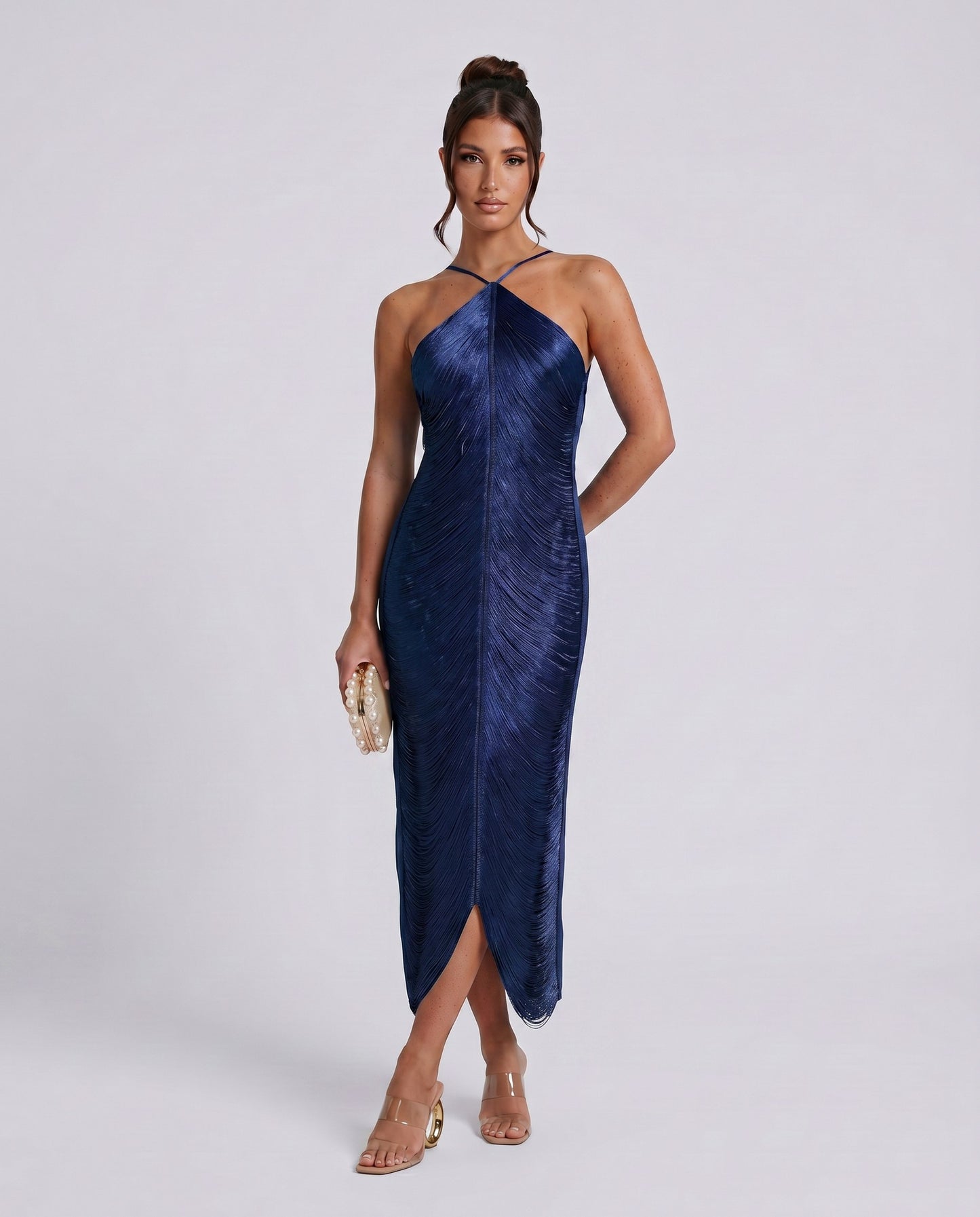 Satin Halter Pleated Formal Midi Dress