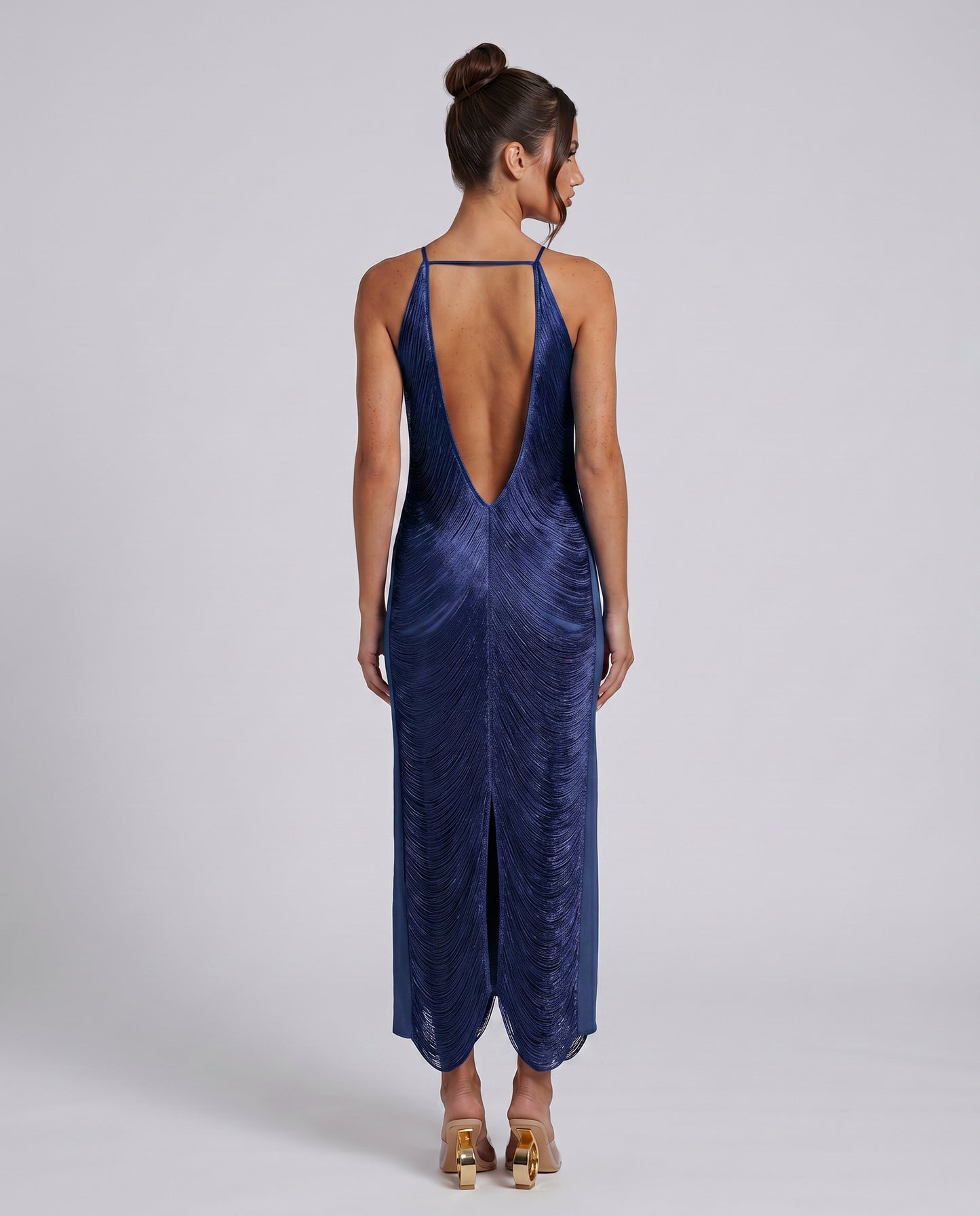 Satin Halter Pleated Formal Midi Dress
