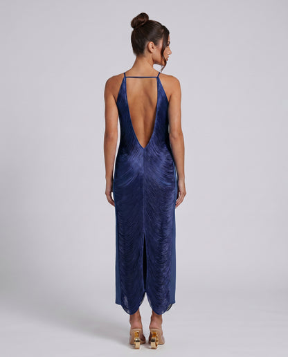 Satin Halter Pleated Formal Midi Dress