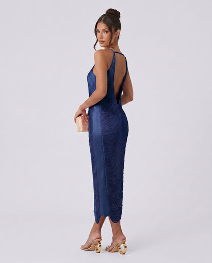 Satin Halter Pleated Formal Midi Dress