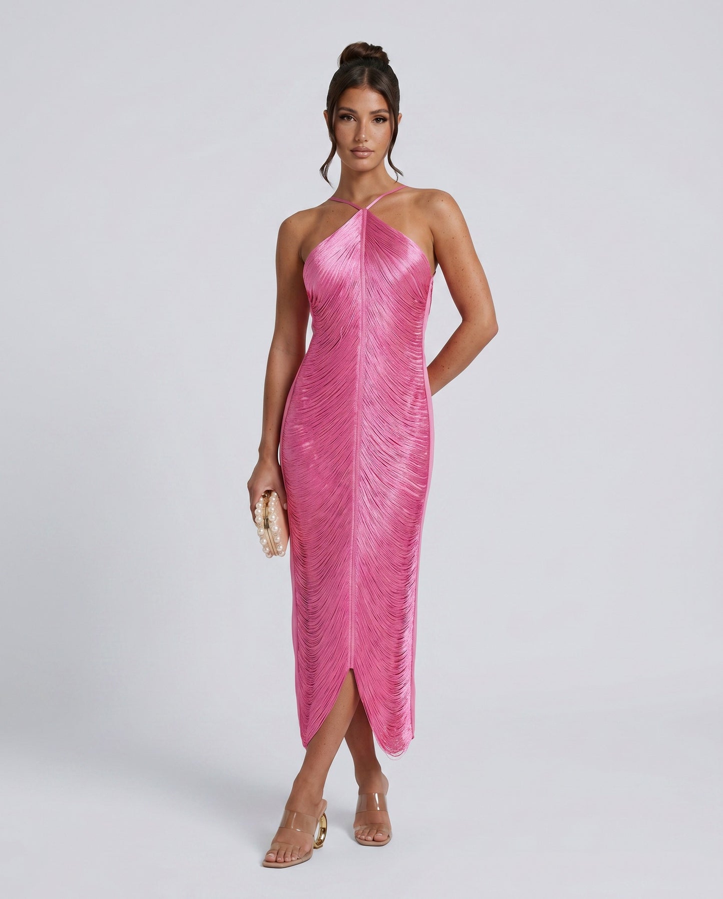 Satin Halter Pleated Formal Midi Dress