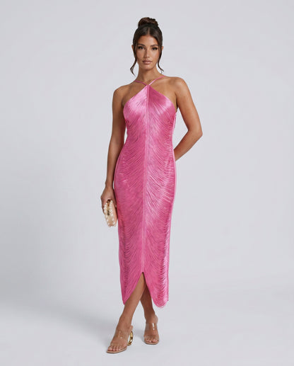 Satin Halter Pleated Formal Midi Dress