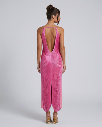 Satin Halter Pleated Formal Midi Dress