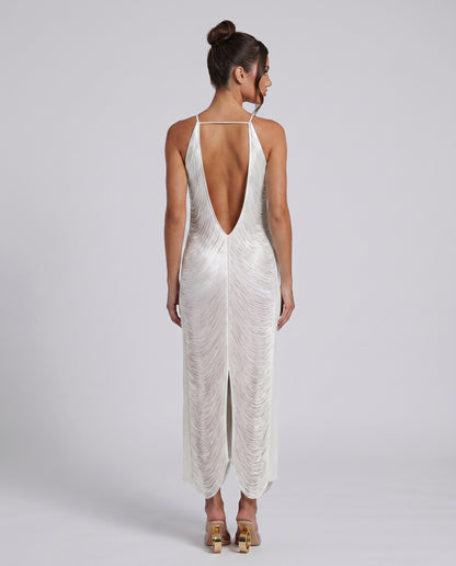 Satin Halter Pleated Formal Midi Dress