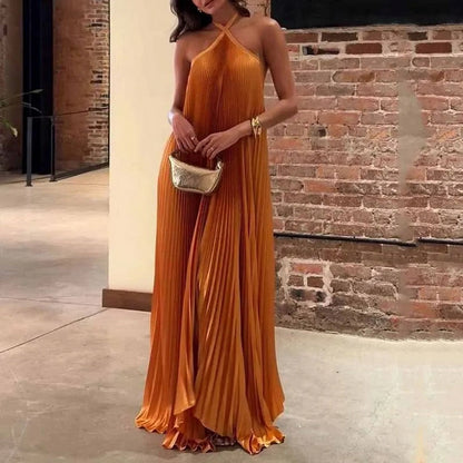 Satin Halter Pleated Maxi Dress