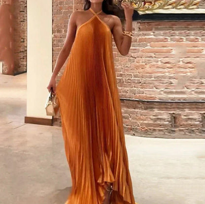 Satin Halter Pleated Maxi Dress