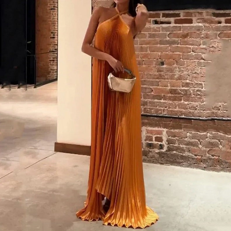 Satin Halter Pleated Maxi Dress