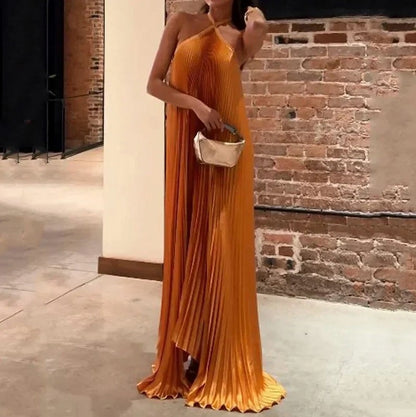 Satin Halter Pleated Maxi Dress