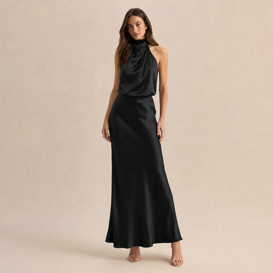 Satin High Neck Formal Maxi Dress