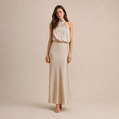 Satin High Neck Formal Maxi Dress