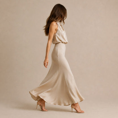 Satin High Neck Formal Maxi Dress