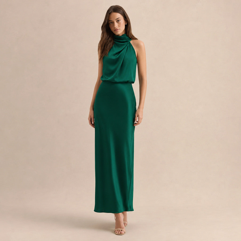 Satin High Neck Formal Maxi Dress