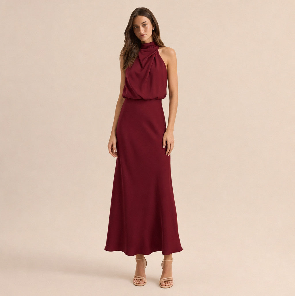 Satin High Neck Formal Maxi Dress