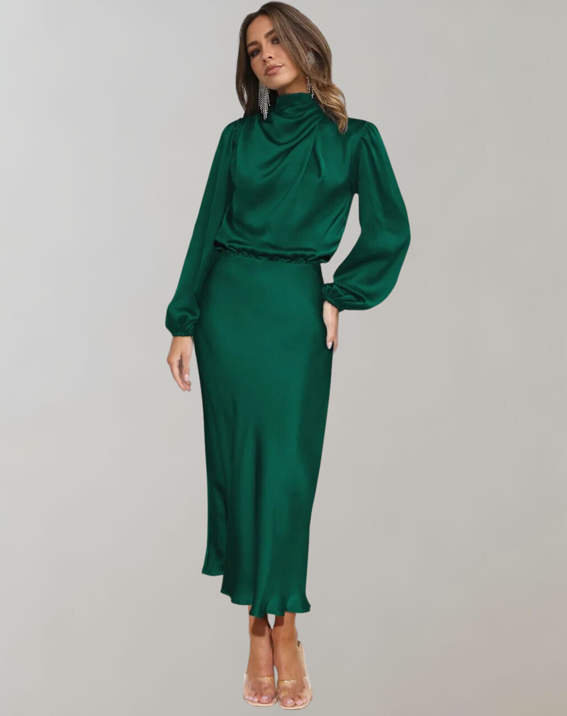 Dark green - Woman wearing a long sleeve satin midi dress with a high gathered neckline and cinched waist