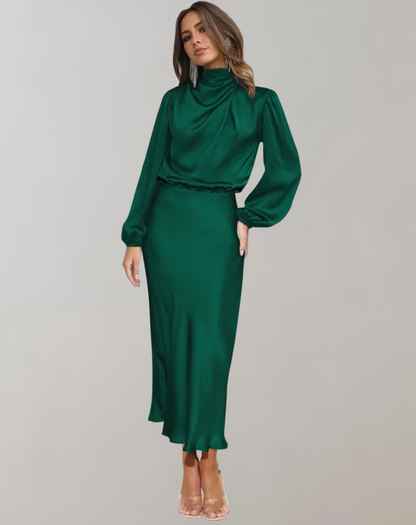 Dark green - Woman wearing a long sleeve satin midi dress with a high gathered neckline and cinched waist