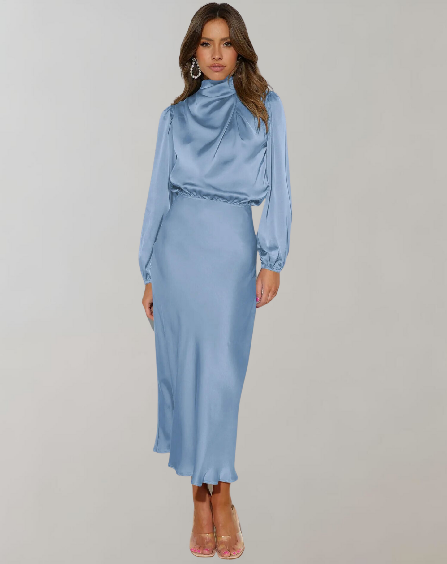 Skye blue - Woman wearing a long sleeve satin midi dress with a high gathered neckline and cinched waist