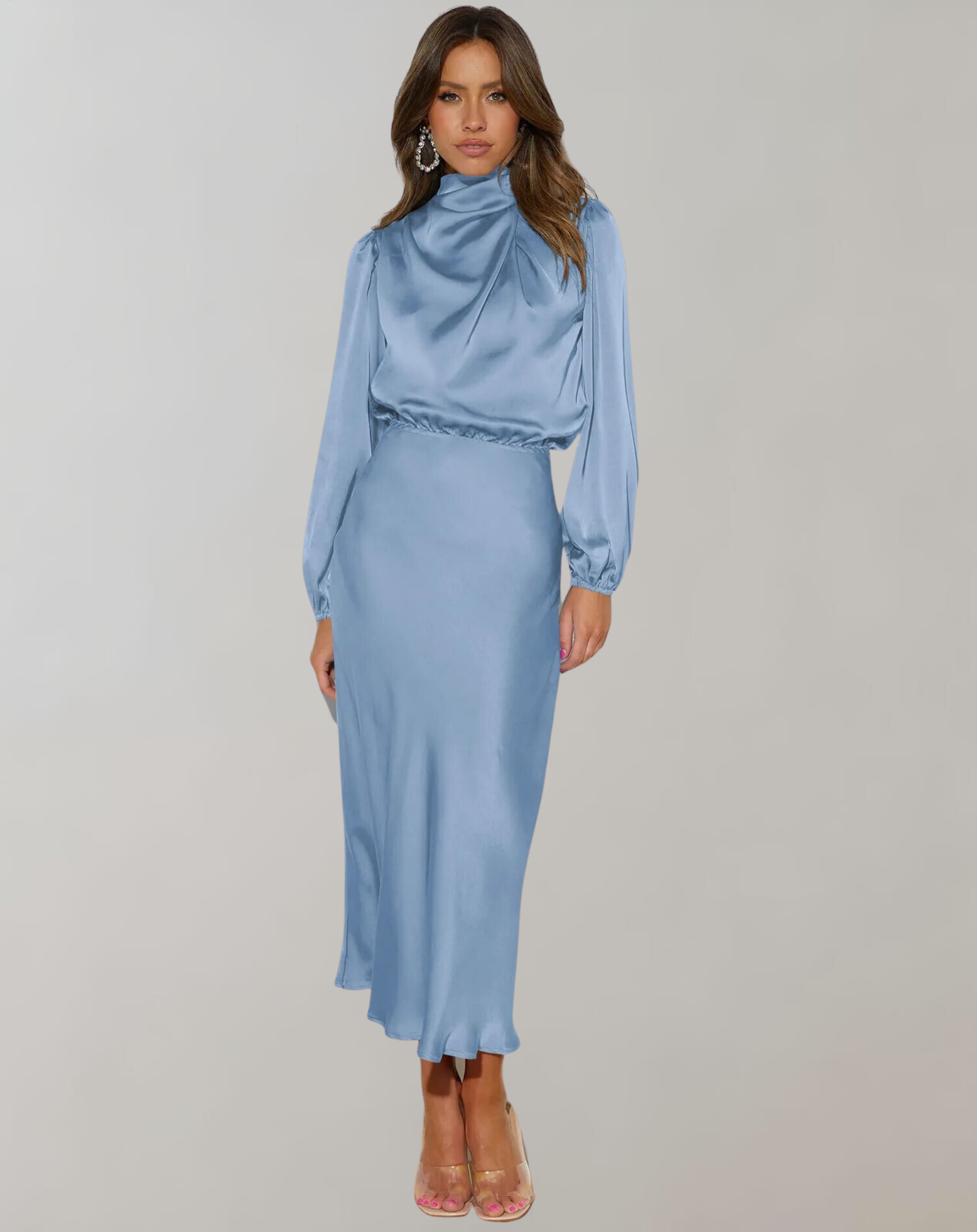 Skye blue - Woman wearing a long sleeve satin midi dress with a high gathered neckline and cinched waist