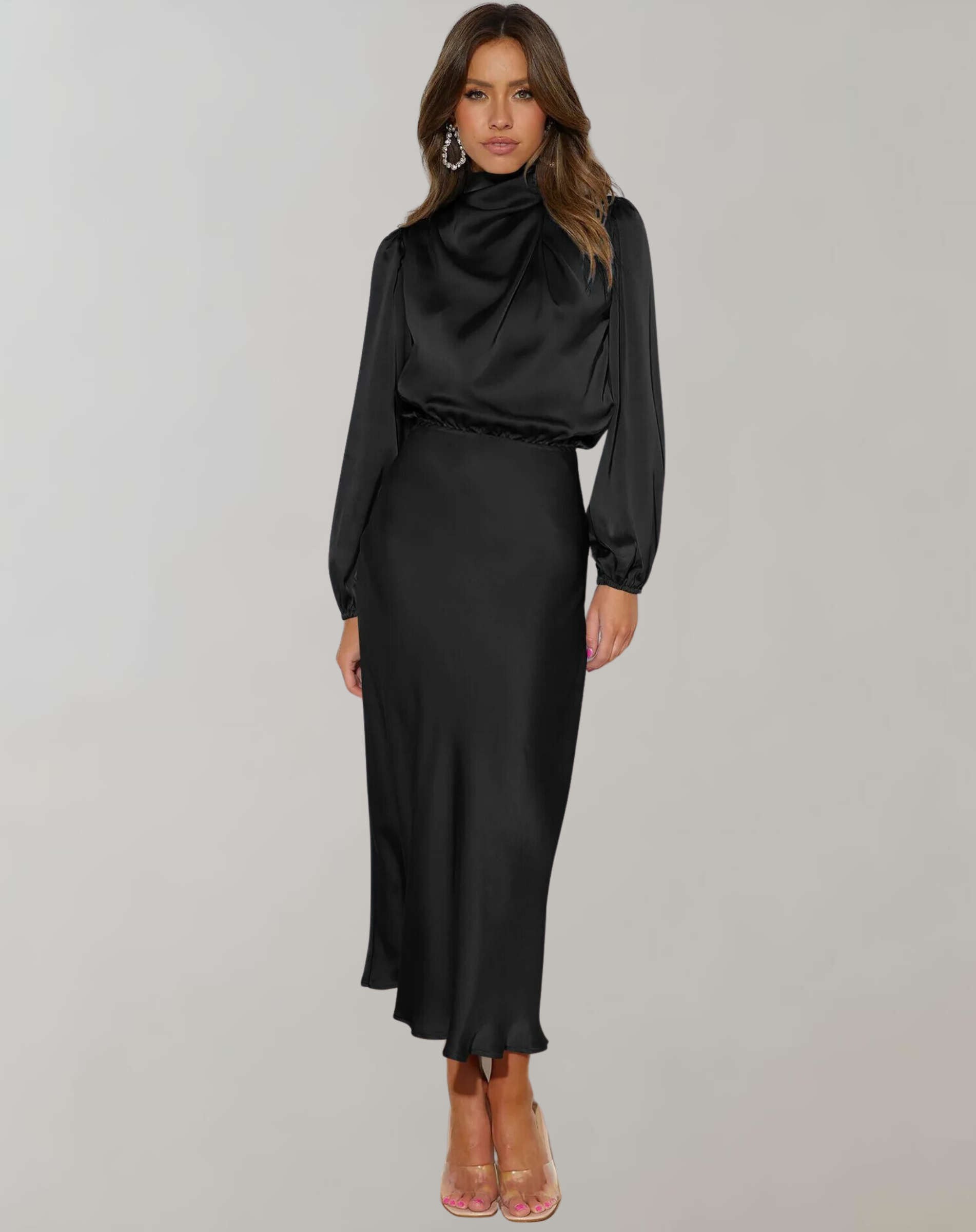 Black - Woman wearing a long sleeve satin midi dress with a high gathered neckline and cinched waist