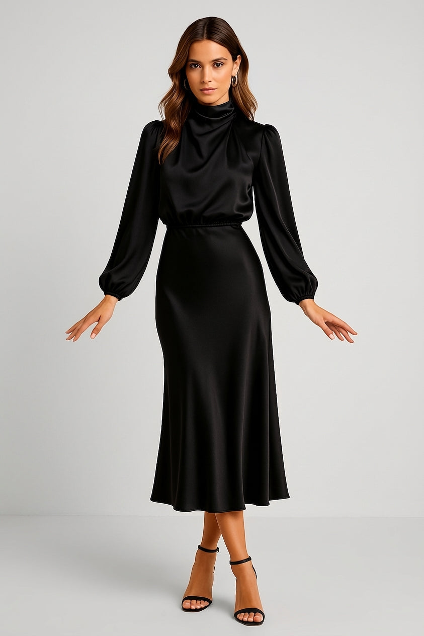 Black - A woman wearing a champagne-coloured satin midi dress with a high neckline, long balloon sleeves, and an elasticated waist, posing against a neutral grey background.
