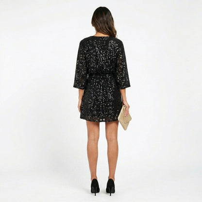 Sequin 3/4 Sleeve Belted Mini Dress