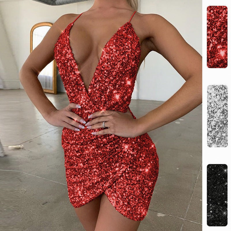 Sequin Deep V Neck Mini Dress