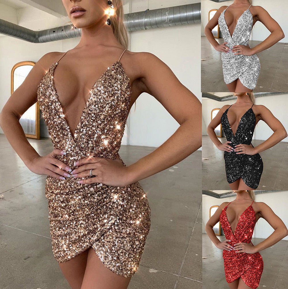Sequin Deep V Neck Mini Dress